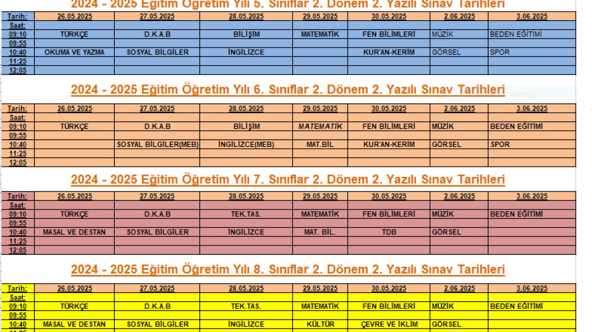 Esentepe Ortaokulu 2. Dönem 2. Yazılı Sınav Tarihleri